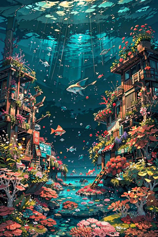 This is a scene, a masterpiece, a perfect performance. This is the world view of an underwater society. Undersea crystal castles, dotted with pearls, corals and gems. Schools and towns also stand in the water. It is very layered and hidden everywhere. Details, aquatic creatures swim freely in elegant life, surrounded by schools of fish, the bottom is full of gems, pearls, many corals and sea anemones, like a garden in the water, an impressive picture