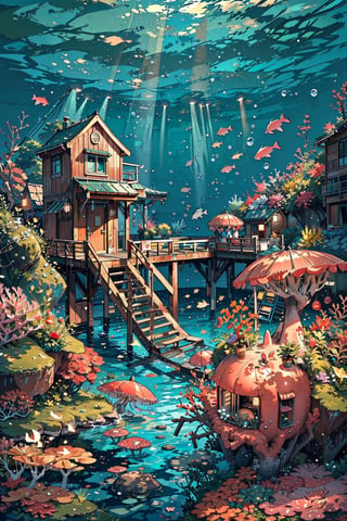 This is a scene, a masterpiece, a perfect performance. This is the world view of the underwater society. There is a set of spiral stairs on the seabed that lead to the water surface. Pearls, corals and gems are dotted with the underwater towns. It is very layered and there are hidden things everywhere. Detailed, jellyfish, schools of fish, and aquatic creatures swim freely in elegant life. Many corals and sea anemones are like gardens in the water. It is an impressive picture.