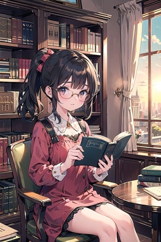 Masterpiece, a girl, vintage style, black ponytail, wearing fine rimmed drop glasses, gorgeous red lace dress, reading a book, bookshelf, afternoon sun, very cute, palace
