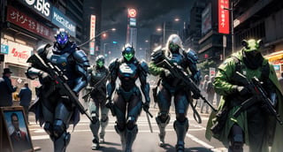  (In the bustling city of Tokyo), (a group of armored robbers, adorned in mismatched), (broken Russian tech), (attempt to breach the security of a high-tech bank vault). (Their exoskeletal armor is painted with camouflage patterns), (making them stand out all the more against the neon lights of the city). (Each member of the group carries an assortment of weapons, including jetpacks), (machineguns, and full-body mech suits). (Their efforts are futile, as the bank vault remains impenetrable), (but their determination is unwavering). (In the midst of the chaos, a small frog hops onto the shoulder of one of the robbers), (wearing a jaunty top hat and carrying a tiny machine gun), (as if to say, "Hey, watch this!"). 