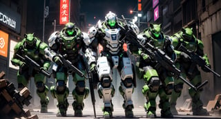  (In the bustling city of Tokyo), (a group of armored robbers, adorned in mismatched), (broken Russian tech), (attempt to breach the security of a high-tech bank vault). (Their exoskeletal armor is painted with camouflage patterns), (making them stand out all the more against the neon lights of the city). (Each member of the group carries an assortment of weapons, including jetpacks), (machineguns, and full-body mech suits). (Their efforts are futile, as the bank vault remains impenetrable), (but their determination is unwavering). (In the midst of the chaos, a small frog hops onto the shoulder of one of the robbers), (wearing a jaunty top hat and carrying a tiny machine gun), (as if to say, "Hey, watch this!"). 