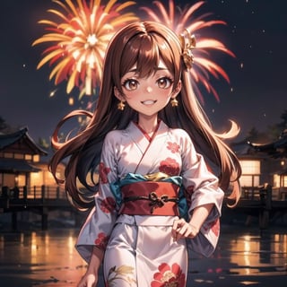 raidenshogundef,fantasy00d,yofukashi background,Mabel Pines,Mabel, mabel celebrating happy new year 2024, Fireworks,kleedef, Mabel Pines, mabel with long hair, smiling, Mabel has brown hair, Mabel has a bullet in her head, Brown hair, Brown eyes, pink cheeks, diadem red, mabel alone, body up to the hip, yukata, more tender, yukata with brown color, star earrings, new year sack, skirt