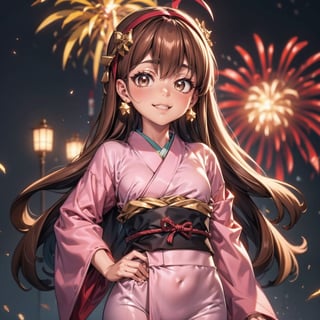 raidenshogundef,fantasy00d,yofukashi background,Mabel Pines,Mabel, mabel celebrating happy new year, Fireworks,kleedef, Mabel Pines, mabel with long hair, smiling, Mabel has brown hair, Mabel has a bullet in her head, Brown hair, Brown eyes, pink cheeks, diadem pink, mabel alone, body up to the hip, yukata, more tender, yukata with brown color, star earrings, headband that matches the yukata, 