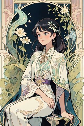 (masterpiece, best quality, highly detailed, ultra-detailed, intricate), illustration, pastel colors, art_nouveau, Art Nouveau by Alphonse Mucha, tarot, A young woman, dressed in a black and white robe and holding a scepter, sits on a white stone bench. Her posture is very dignified and calm, and her expression is calm and deep, as if she is deliberate. Behind her is a black and white door, symbolizing the gateway to wisdom and the inner world.