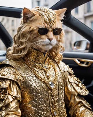 long hair cat man, A closeup of fantastical image of a cat man wear glasses and wears a gold-plate dress, black glasses, clad in flowing, flowing full gold-plate dress, wielding an jewellery ornate, ornate jewellery, Their face are filled with power and determination, as they wield the jewellery n a fluid, drives a gold-plate luxury car, hand holding the car steering wheel, gold car interior, gold car, side view, looking at viewer, dynamic motion,