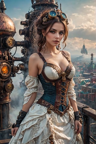 Steampunk city, densely populated. Portrait of pretty female. Steampunk attire, adorned with intricate gears and cogs. A mix of Victorian elegance and mechanical innovation. Standing on the top of a tall building.
BREAK
she wears a v-neck wedding dress, her natural saggy {{{tits are out of the dress}}} allowing the nipples be seen. 
BREAK
Vast open view in the background, steam, smoke, smog, clouds, moist. beautiful, epic, mysterious, colorful nebulas, planets, fantasy landscape with surrealism formations, steampunk princess, very seductive. (Masterpiece), (best quality), (detailed), (8k), (cinematic lighting), (sharp focus), (intricate). Hyper detailed, amazing background, highly defined details, 32k UHD, lifelike photo, vivid colors, photorealistic.
