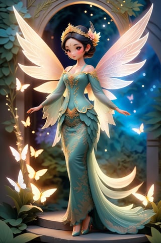 Illustrate a beautiful woman with ethereal wings resembling a fairy, set against a magical fantasy backdrop. Ensure an exceptional level of detail to bring this enchanting scene to life.,3D MODEL kebaya
