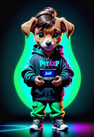 1boy pixar puppy, of a digital dealer, fullbody, cape open, face in shadow matrix, holding game console, wearing sneakers and hoodie, neon colors, distinctly dark background, and,1boy,boy