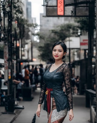Create an image of a beautiful girl wearing a traditional kebaya in the midst of a bustling city during the day. Capture a medium shot portrait of her in a faded tone, striking a random pose to depict a sense of spontaneity and liveliness