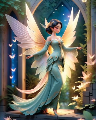 Illustrate a beautiful woman with ethereal wings resembling a fairy, set against a magical fantasy backdrop. Ensure an exceptional level of detail to bring this enchanting scene to life.,3D MODEL kebaya