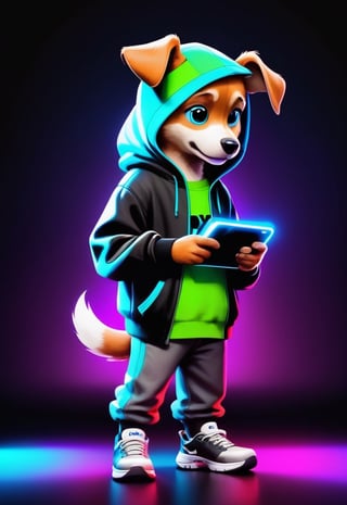 1boy pixar puppy, of a digital dealer, fullbody, cape open, face in shadow matrix, holding game console, wearing sneakers and hoodie, neon colors, distinctly dark background, and,1boy,boy