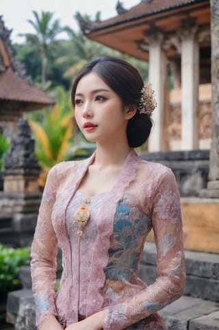 Illustrate a beautiful girl close up dressed in kebaya, set against the backdrop of a Balinese temple. Ensure that the image is photorealistic and of top-quality 8K HDR, capturing every intricate detail of the scene.,kebaya,kebaya indonesia,p3rfect boobs,cleavage