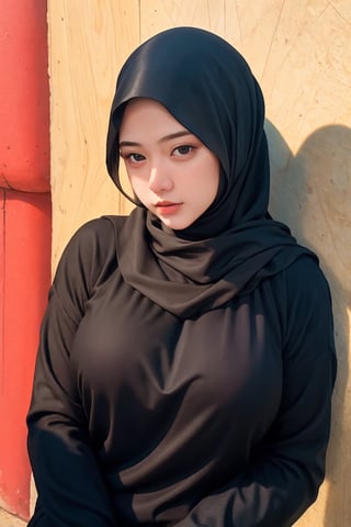 a 20 yo woman,hijab, sweater, dark theme, soothing tones, muted colors, high contrast, (natural skin texture, hyperrealism, soft light, sharp),red background,simple background,igirl