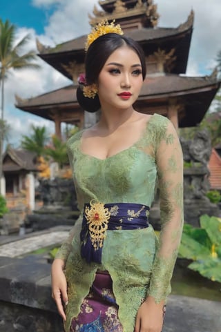 Illustrate a beautiful girl close up dressed in kebaya, set against the backdrop of a Balinese temple. Ensure that the image is photorealistic and of top-quality 8K HDR, capturing every intricate detail of the scene.,kebaya,kebaya indonesia,p3rfect boobs