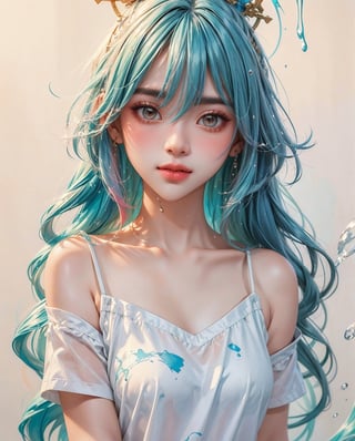 (Masterpiece, Best Quality, High Resolution), White Background, Acrylic Paint, ((Color Splash, Splash of Ink, Color Splash)), Sweet Chinese Girl, Long Light Blue Hair, [Light Blue|Pink] Hair, Curly Hair, Glitter, Peach Lips, White Shirt, Front, Upper Body