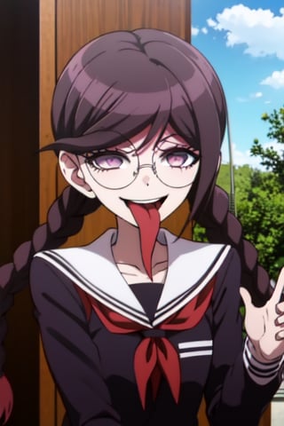 solo_female,1girl,
braids,smile,sticking_out_tongue,glasses,upper body,outdoors,TOUKO FUKAWA,school_girl,long sleeves