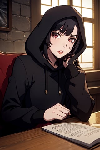 solo female,1girl,castlevania style,upper_body,facing_viewer,

black_hair,bangs,black hoodie,indoors,goth