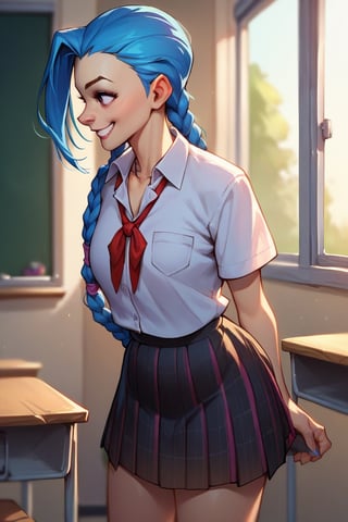 Score_9, Score_8_up, Score_7_up, Score_6_up, Score_5_up, Score_4_up, source_cartoon, 

Jinx,smile,

school_girl_uniform,skirt,upper_body,standing,classroom,