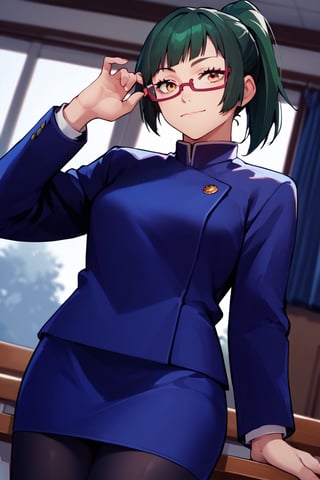 Score_9, Score_8_up, Score_7_up, Score_6_up, Score_5_up, Score_4_up,source_cartoon,
MakizeninSDXL, 1girl, long hair, closed mouth,bangs,short ponytail,high ponytail,green hair, golden eyes,glasses,red-framed eyewear,school uniform,long sleeves,skirt,jacket,black jacket,black pantyhose

,cartoon,masterpiece,focus on girl,
school,happy,