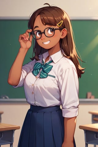 Score_9, Score_8_up, Score_7_up, Score_6_up, Score_5_up, Score_4_up, source_cartoon, 

connie maheswaran,smile,brown skin,glasses,long_hair,

school_girl_uniform,skirt,upper_body,standing,classroom,