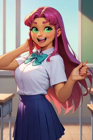 Score_9, Score_8_up, Score_7_up, Score_6_up, Score_5_up, Score_4_up, source_cartoon, 

starfire,happy,

school_girl_uniform,(upper_body),skirt,standing,classroom,