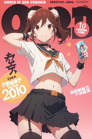 2000s fashion,horimiya_hori,1girl,20 years old,brown eyes,magazine cover,modeling pose, standing,foreground,dominant,pov_eye_contact, double buns hairstyle,skirt,crop top, bare belly, brush, stockings,arm warmers,belt, collar