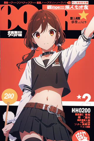 2000s fashion,horimiya_hori,1girl,20 years old,brown eyes,magazine cover,modeling pose, standing,foreground,pov_eye_contact, twintails,punk skirt, tight crop top, bare belly, brush, stockings,arm warmers, gothic belt, collar