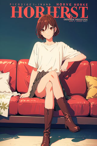 horimiya_hori,1girl ,brown eyes,
vintage hairstyle,magazine cover,modeling pose, foreground,short sleeve shirt with oversized long sleeve blouse underneath tucked into the skirt,tight skirt,vintage boots,leg warmers,sitting,pov_eye_contact,crossed legs,sofa,
hands on ears