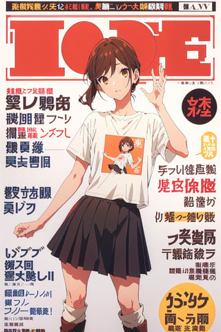 horimiya_hori,1girl ,brown eyes,
vintage hairstyle,magazine cover,modeling pose, foreground,tight t-shirt tucked into skirt,tight skirt,boots,leg warmers