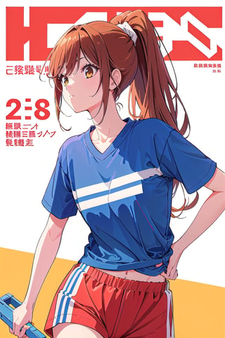 1girl,hori kyouko,25 years old,ponytail, sportswear, sport loose retro t-shirt, short,
looking_at_viewer,
serious, modeling pose, modeling,photostudio, ,magazine cover,
showing her outfit, 