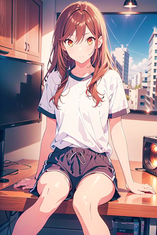 1girl,hori kyouko, full_body, sport t-shirt, sport short, 
looking_at_camera, sitting, stretching his shirt with a hand, TV studio, seductive look, modeling pose, modeling