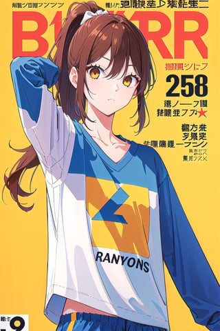 1girl,hori kyouko,25 years old,ponytail, sportswear, long sleeve sports t-shirt, short,
looking_at_viewer,
serious, modeling pose, modeling,photostudio, ,magazine cover,
showing her outfit, 