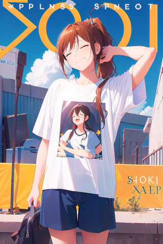 1girl,hori kyouko,25 years old,ponytail, sport t-shirt, sport short, 
looking_at_camera, 
conceited, modeling pose, modeling,photostudio, ,magazine cover, foreground,
showing her outfit, smug, 
half-closed eyes