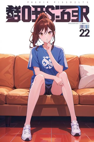 1girl,hori kyouko,25 years old,ponytail, sportswear, t-shirt, short,
looking_at_viewer, 
serious, modeling pose, modeling,photostudio, ,magazine cover,
showing her outfit, sitting, leg on sofa, full_body,SHUSHING