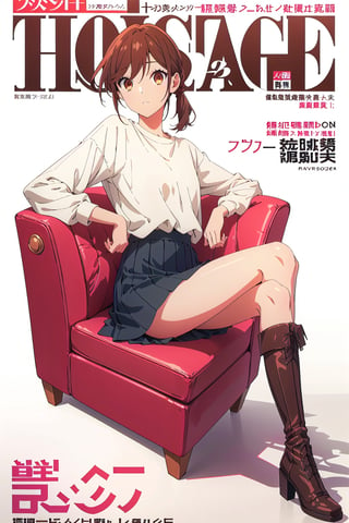 horimiya_hori,1girl ,brown eyes,
vintage hairstyle,magazine cover,modeling pose, foreground,oversized long-sleeved blouse,T-shirt thight on top of the blouse tucked into the skirt,tight skirt,boots,leg warmers