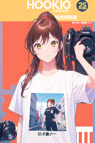 1girl,hori kyouko,25 years old,ponytail, sport t-shirt, sport short, 
looking_at_camera, 
conceited, modeling pose, modeling,photostudio, ,magazine cover,view from the chest up, foreground,
showing her outfit