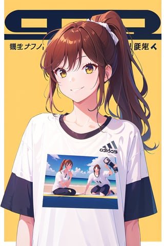 1girl,hori kyouko,25 years old,ponytail, adidas t-shirt, sport short, 
looking_at_camera, 
conceited, modeling pose, modeling,photostudio, ,magazine cover, foreground,
showing her outfit, cocky smile, arrogant eyes