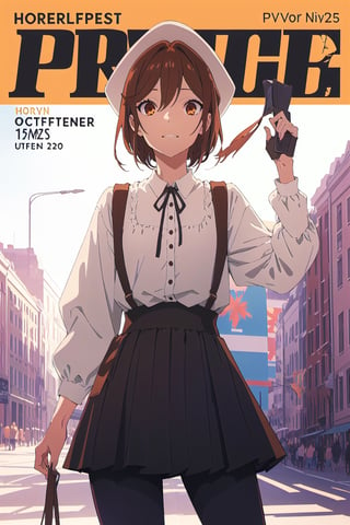 oktoberfest,horimiya_hori,1girl,20 years old,brown eyes,magazine cover,modeling pose, standing,foreground,pov_eye_contact,german clothes,german hat, high waist skirt,leggings, make-up, dominant,eye shading, creepy face