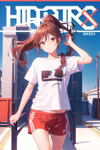 1girl,hori kyouko,25 years old,ponytail, sportswear, t-shirt, short,
looking_at_viewer, 
serious, modeling pose, modeling,photostudio, ,magazine cover,
showing her outfit,
