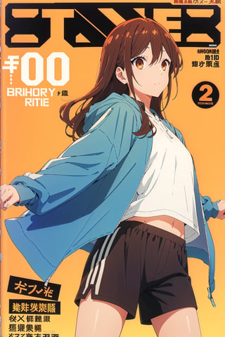 1girl,horimiya_hori, brown eyes,
vintage long hairstyle,magazine cover,
oversized closed windbreaker jacket, body leaning back,modeling pose,sports shorts, front view, looking_at_viewer, 
body looking at the camera