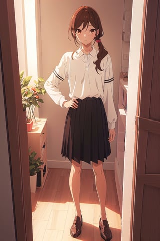 coquette aesthetic,horimiya_hori,1girl,20 years old,brown eyes,magazine cover,modeling pose, standing,foreground,dominant,polo shirt, puffed sleeves, high waist skirt,looking at herself in the mirror,arranging his clothes