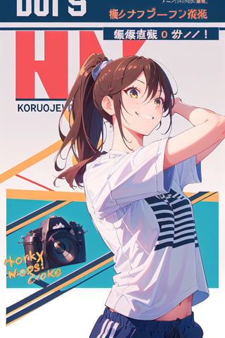 1girl,hori kyouko,25 years old,ponytail, adidas t-shirt, sport short, 
looking_at_camera, 
conceited, modeling pose, modeling,photostudio, ,magazine cover, foreground,
showing her outfit, cocky smile, arrogant eyes, looking down