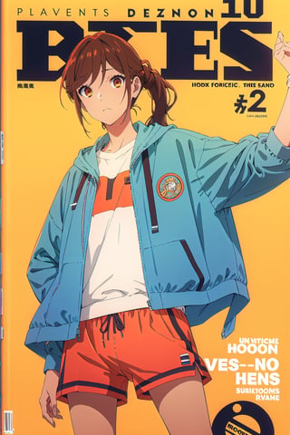 1girl,horimiya_hori, brown eyes,
vintage long hairstyle,magazine cover,modeling pose,oversized closed windbreaker jacket, sports shorts