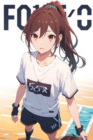 2000s fashion,horimiya_hori,1girl,20 years old,brown eyes,magazine cover,modeling pose, standing,foreground,dominant,pov_eye_contact,arm warmers,sports shorts, sports t-shirt,long_ponytail, white background, bare belly