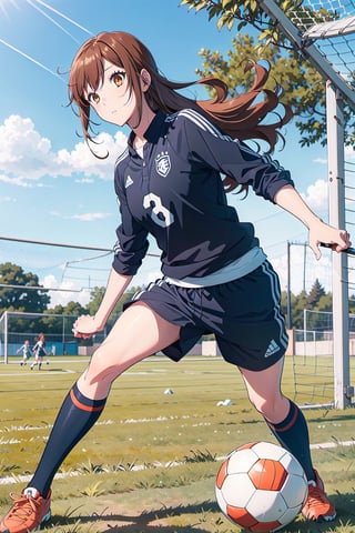manga, 1girl, solo female, long hair, sports clothing, playing soccer, soccer ball, jumoing, park, playing,hori kyouko,