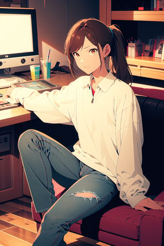 1girl,25 years old,ponytail,brown eyes,brown hair,vintage aesthetic,portrait,oversized white polo shirt,big oversized jeans, school shoes,illustration,fcloseup,rgbcolor, full_body, sitting, vintage sofa,front view, looking_at_viewer, smug look,photostudio,emotion,body looking forward, midnight, make-up, lipstick, serious, jacket, bare_shoulder