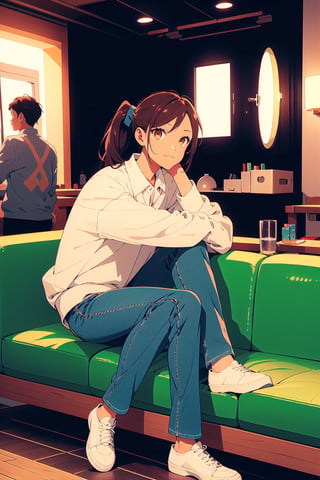 1girl,25 years old,ponytail,brown eyes,brown hair,vintage aesthetic,portrait,oversized white polo shirt,big oversized jeans, school shoes,illustration,fcloseup,rgbcolor, full_body, sitting, vintage sofa,front view, looking_at_viewer, smug look,photostudio,emotion,body looking forward, midnight, make-up, lipstick, relax, jacket_off_shoulders