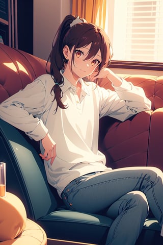 1girl,25 years old,ponytail,brown eyes,brown hair,vintage aesthetic,portrait,oversized white polo shirt,big oversized jeans, school shoes,illustration,fcloseup,rgbcolor, full_body, sitting, vintage sofa,front view, looking_at_viewer, smug look,photostudio,emotion,body looking forward, midnight, make-up, lipstick, relax, open jacket