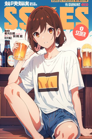 horimiya_hori,1girl ,brown eyes,
long wavy bob hairstyle,magazine cover,modeling pose, foreground,vintage bar, sitting, drinking beer, oversized sports t-shirt, jean shorts, 