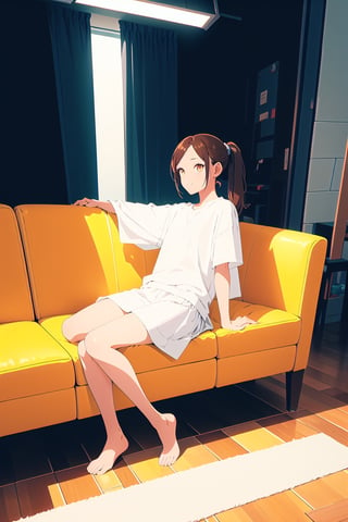 1girl,25 years old,ponytail,brown eyes,brown hair,portrait, white sportswear,white t-shirt, vintage skirt,illustration,fcloseup,rgbcolor, full_body, sitting, vintage sofa,front view, looking_at_viewer, smug look,photostudio,emotion,body looking forward, no lights